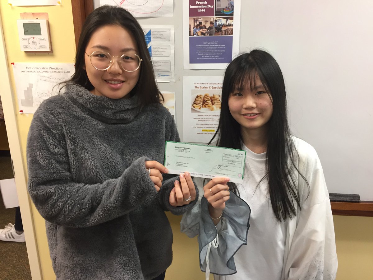 French Connection leaders, Eleanor Li and Colly Liang, about to send another $1,000 to the Haitian Project thanks to the proceeds of two very successful crêpe sales this year at the Bancroft School. Thank you both for your amazing leadership! haitianproject.org