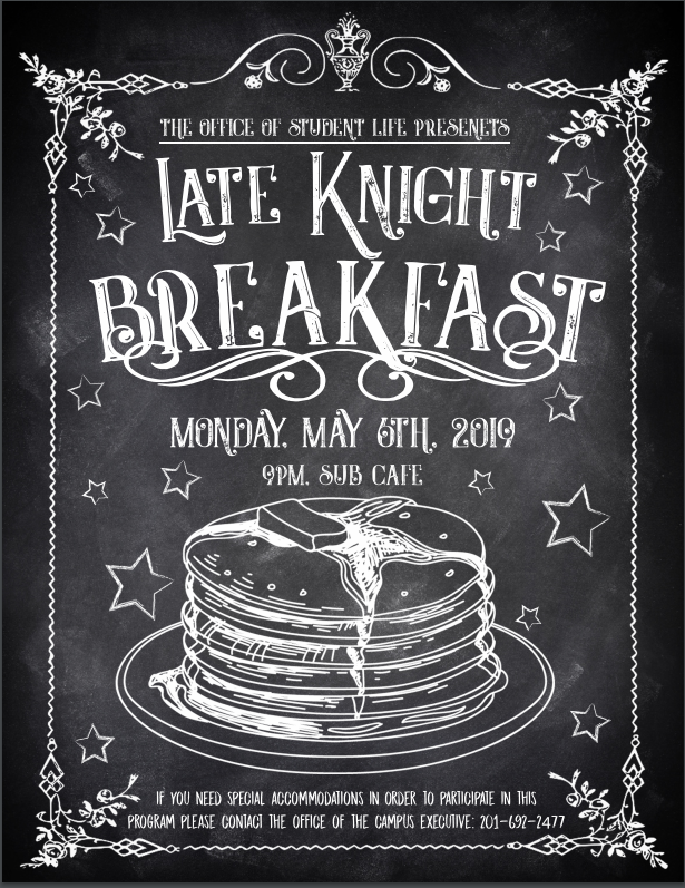 FDUStudentUnion's tweet photo. Tonight is the Knight! 🥓🥞🥯

Head to the SUB Cafeteria at 9PM for your favorite breakfast foods, raffle prizes, music, and giveaways! 

#FDUMetro #FDUStudentUnion #FDUOfficeOfStudentLife #FDUWhatsNew https://t.co/jpqxyF2Faj