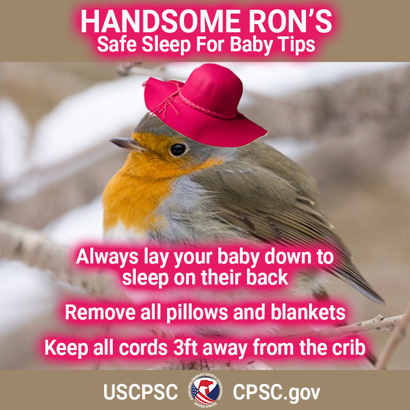 A bird named handsome Ron wearing a pink sun hat. The text reads: Handsome Ron's safe sleep for baby tips. Always lay your baby down to sleep on their back. Remove all pillows and blankets. Keep all cords 3ft away from the crib.