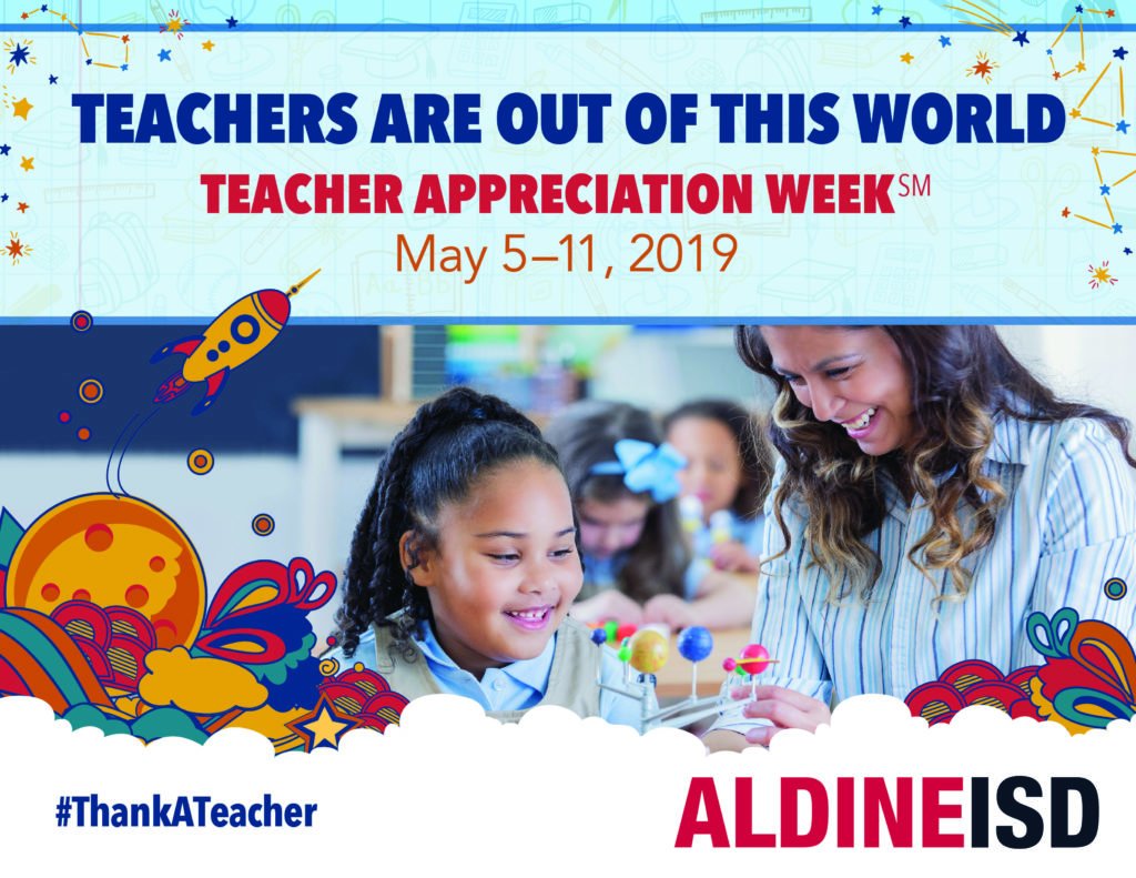 .<a href="/AldineISD/">Aldine ISD</a> is celebrating #NationalTeacherAppreciationWeek. Tuesday, May 7 is #NationalTeacherAppreciation Day. Join us by using #ThankATeacher. Thank teachers for all that they do to help our children reach for the stars. - bit.ly/2Lp84eH
