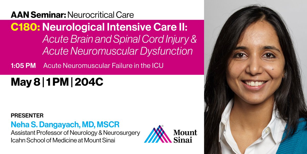 MSHSNeurology's tweet image. .@drdangayach of @MSHSNeurology/@MountSinaiNeuro will present on acute neuromuscular failure in the #ICU during the Neurological Intensive Care II seminar at @AANMember’s Annual Meeting on today at 1 pm. More details: bit.ly/2VbjHKA. #AANAM #neurocc
