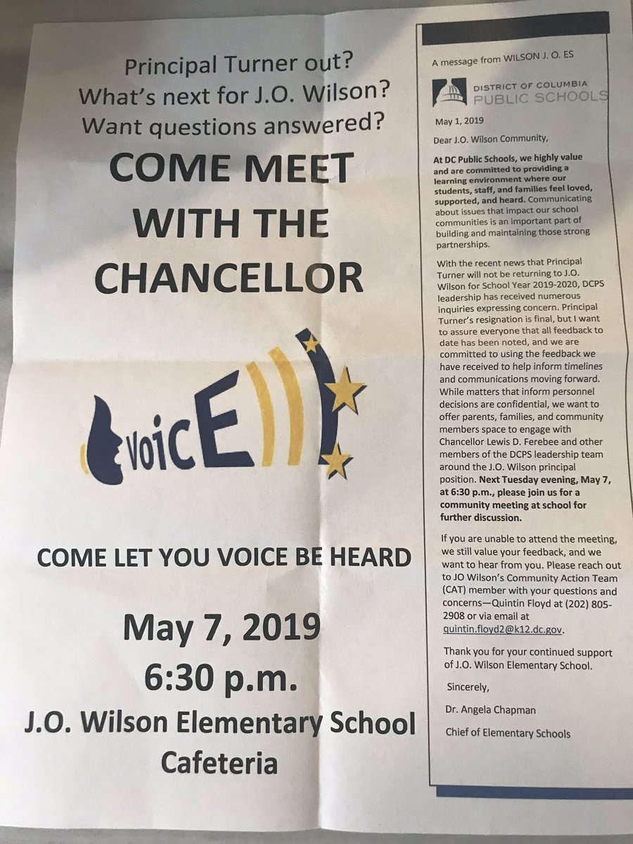 Emgoblue14's tweet photo. Make your voice heard! @dcpublicschools handling of @PrincipalGuyeT firing has been unacceptable. @DCPSChancellor better come to the table with answers. @JOWilsonDC can’t move on without addressing the past. If you are a @dcpublicschools parent this mtg impacts you! See you there https://t.co/Q5uq0wHZ8m