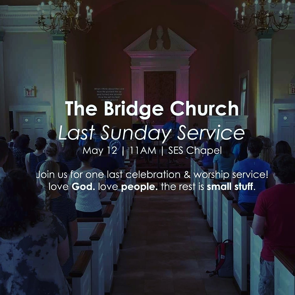 thebridgeMU's tweet photo. Join us this Sunday for our Last Sunday Service. Worship starts at 11AM in SES Chapel!

We are excited to celebrate the last 12 years with everyone! https://t.co/RntPDe3Nz6