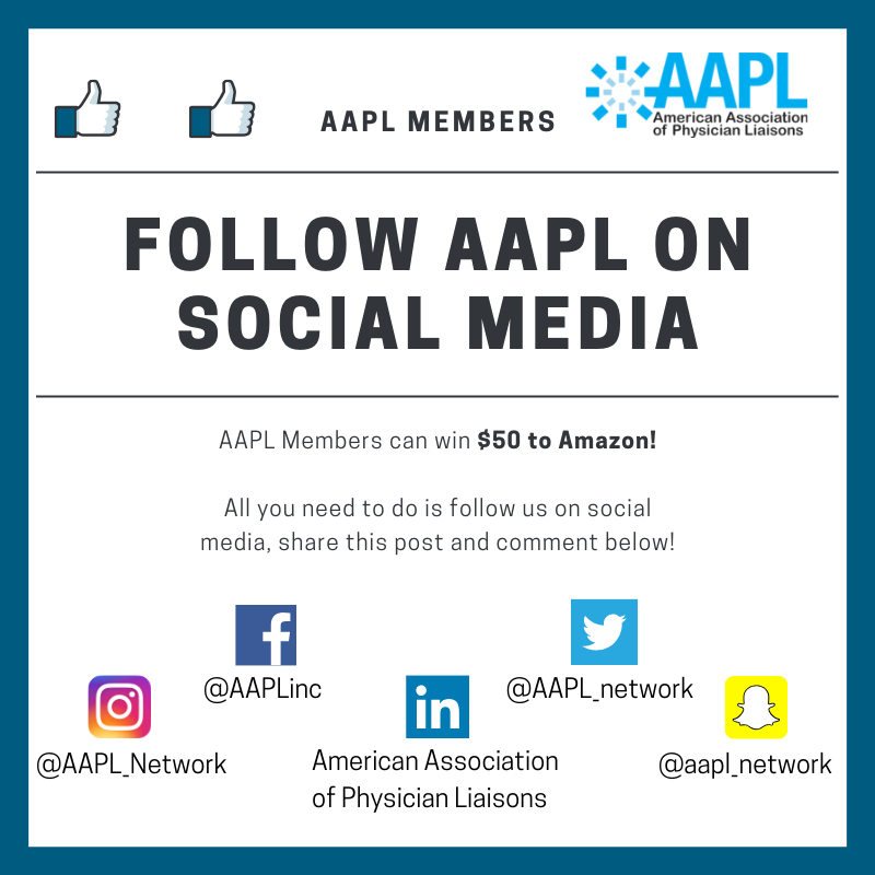 AAPL_network's tweet photo. Did you hear? We are giving away a $50 Amazon gift card to TWO lucky AAPL Members who follow us on social media! #AAPLNetwork #physicianliaison
Follow us: @AAPL_network
Retweet this post
Tag @AAPL_Network when done
Winners chosen May 16 and announced May 17- good luck! ๐๐ https://t.co/24JGH8XwLb