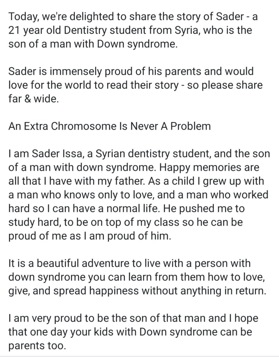 PositiveaboutDS's tweet photo. Today, we're delighted to share the story of Sader - a 21 year old Dentistry student from Syria, who is the son of a man with Down syndrome.  
Sader is immensely proud of his parents and would love for the world to read their story - so please share far &amp; wide.
#PositiveAboutDS https://t.co/ZU8Q3s5qmC
