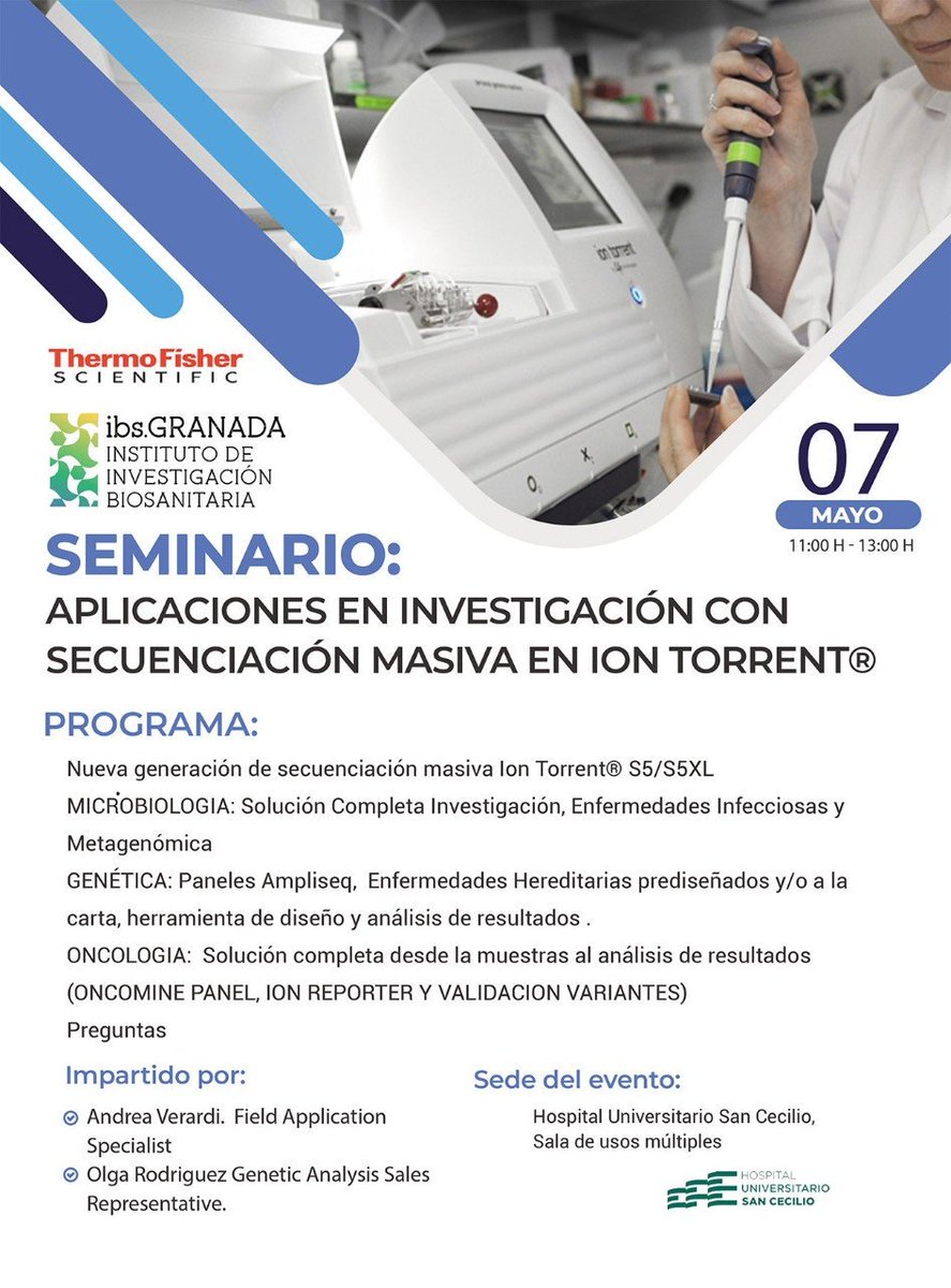 plataformas_ibs's tweet photo. 📢AVISO!! DIFUNDELO!!! Mañana 7 de mayo🗓️ a las 11h ⏱️en el @hospsancecilio (Sala usos múltiples) hablaremos de #investigación en #microbiología🦠, #oncología🔬, #genética en general con NGS @iontorrent 👇👇
@ibsGRANADA @hospital_hvn @CanalUGR https://t.co/zZeKcbWP69