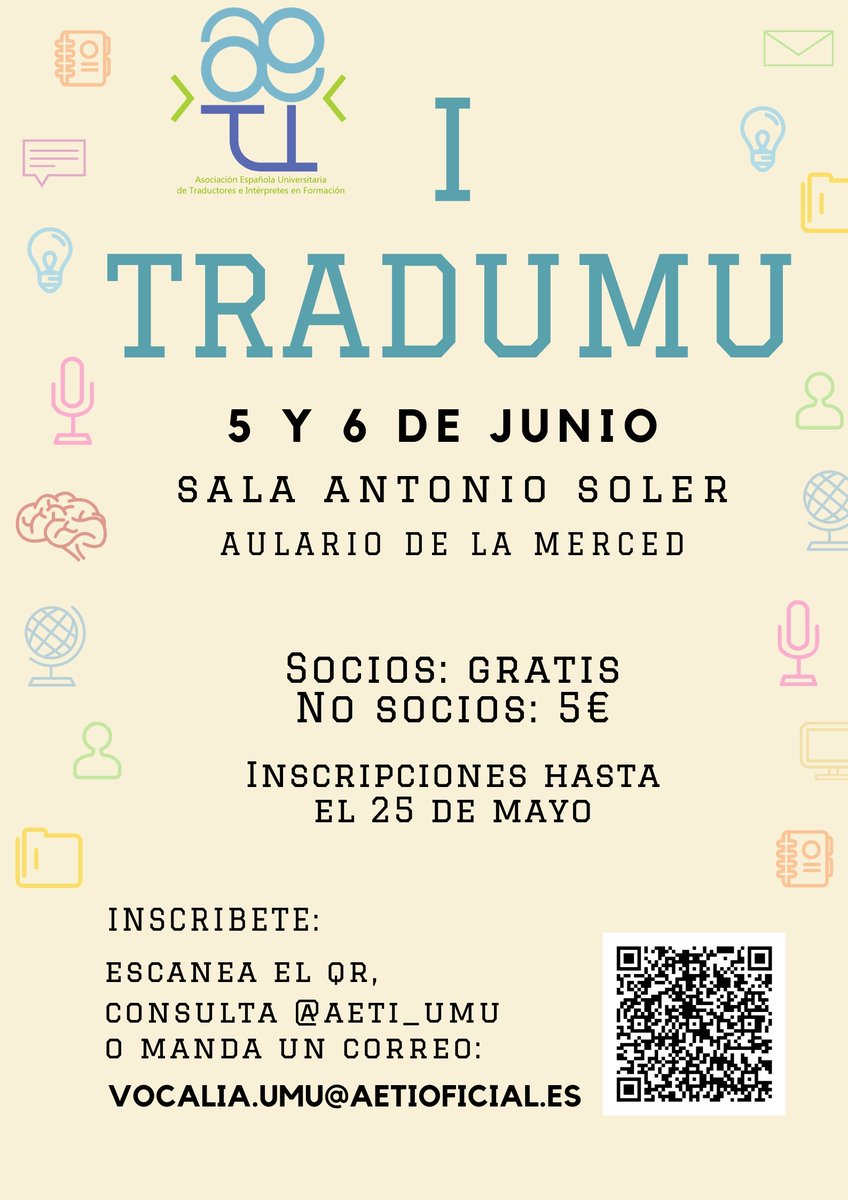 AETI_UMU's tweet photo. Para inscribirte en estas #TRADUMU, lee y rellena el siguiente formulario, las plazas son limitadas. Recuerda que si eres socio de @AETIoficial podrás asistir gratis. Ponte en contacto con nosotras por correo o MD si tienes alguna duda. 
https://t.co/5oCEZKAoRu https://t.co/zORffVOgjn