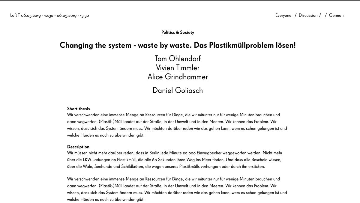 Wir freuen uns mit euch auf der #rp19 diskutieren können! Wir fangen an mit wie wir das Plastikmüllproblem lösen. Mit dabei: <a href="/VivienTimmler/">vivientimmler</a> (<a href="/SZ_Wirtschaft/">SZ Wirtschaft</a>), <a href="/agrindhammer/">agrindhammer</a>  (<a href="/CRCLRhouse/">CRCLR</a>) &amp; unserem Kollegen Tom, moderiert von @DanielGoliasch. #tldr 19.re-publica.com/de/session/cha…