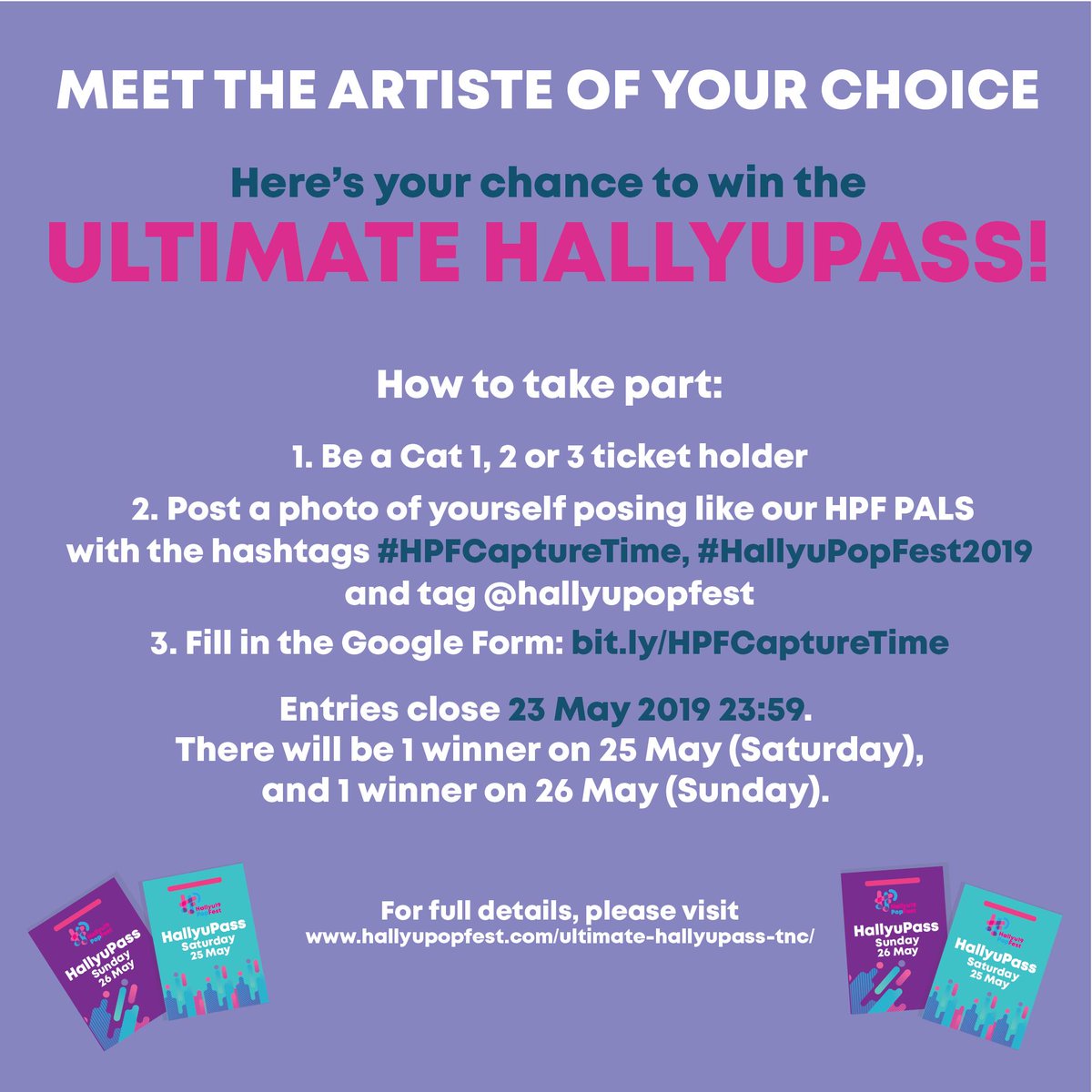 HallyuPopFest's tweet photo. 1 lucky winner on 25 May (Saturday) and 1 lucky winner on 26 May (Sunday) will get to meet the artiste of their choice! 

Don’t forget to use the hashtags #HPFCaptureTime and #HallyuPopFest2019 and tag us when posting your photos!

Fill in the form here: https://t.co/b9BcDb1hbW https://t.co/GhEV5XBdfw