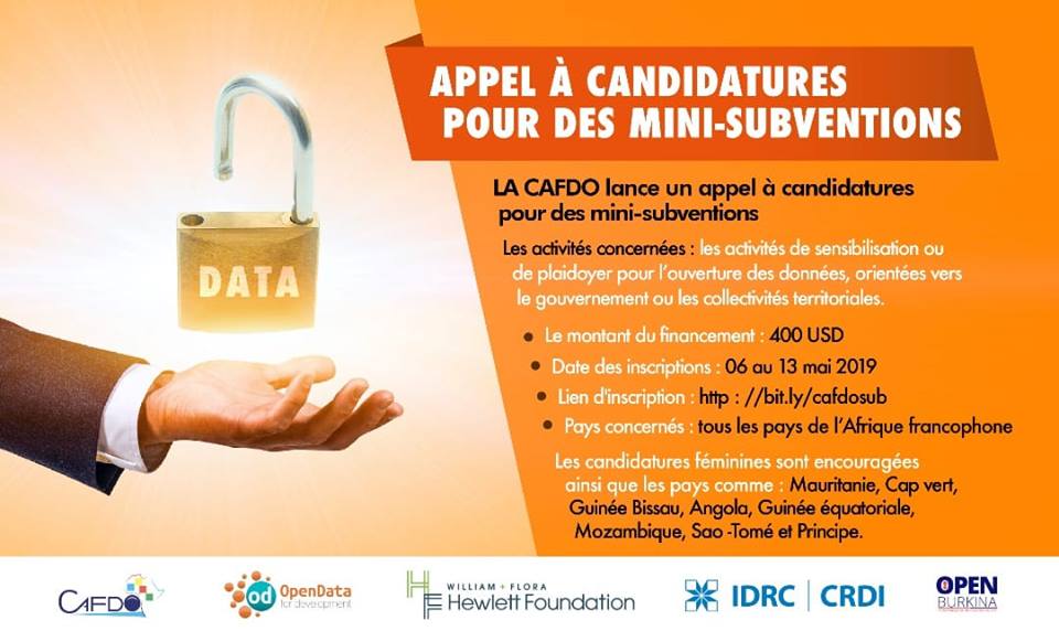 cafdo_officiel's tweet photo. Jusqu'au 13 mai 2019 postulez pour nos #miniSubventions ici 👉https://t.co/L4CvVSrB1D .
Merci à @IDRC_CRDI @Hewlett_Found @od4_d @OpenBurkina @webfoundation
#lwili #BurkinaFaso https://t.co/0BgIbL28Dl