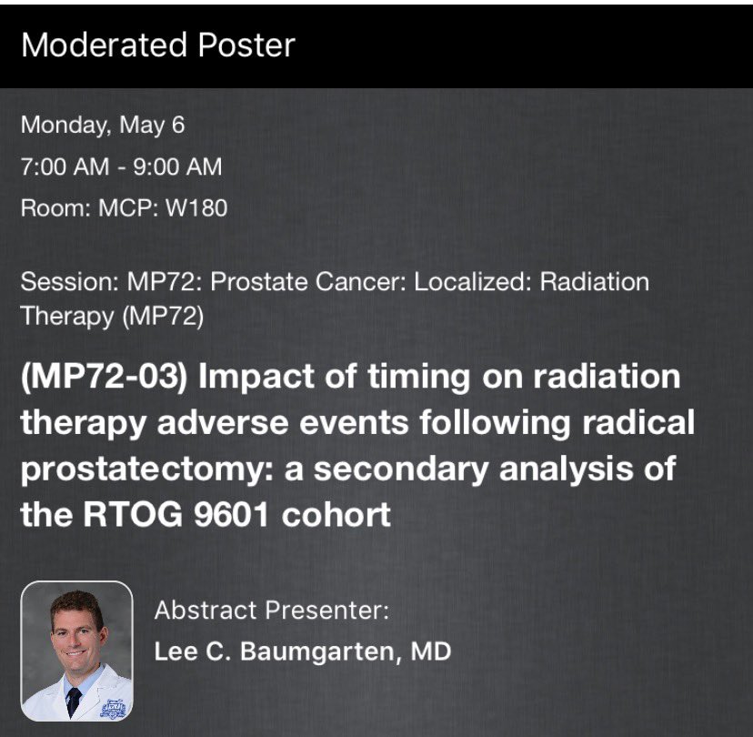 VCORE (@vattikuticore) on Twitter photo In an hour, Lee Baumgarten will be presenting his work on the timing of radiation therapy on adverse events following Radical prostatectomy: a post hoc analysis of the RTOG 9601 trial. <a href="/DrFAbdollah/">Firas Abdollah</a> <a href="/Sood11/">Akshay Sood</a> <a href="/DrSohrab/">Sohrab Arora</a> <a href="/jamesopeabody/">jamesopeabody</a> <a href="/MMenonMD/">Mani Menon</a> <a href="/CraigRogersMD/">Craig Rogers MD</a> #Aua19 In an hour, Lee Baumgarten will be presenting his work on the timing of radiation therapy on adverse events following Radical prostatectomy: a post hoc analysis of the RTOG 9601 trial. <a href="/DrFAbdollah/">Firas Abdollah</a> <a href="/Sood11/">Akshay Sood</a> <a href="/DrSohrab/">Sohrab Arora</a> <a href="/jamesopeabody/">jamesopeabody</a> <a href="/MMenonMD/">Mani Menon</a> <a href="/CraigRogersMD/">Craig Rogers MD</a> #Aua19