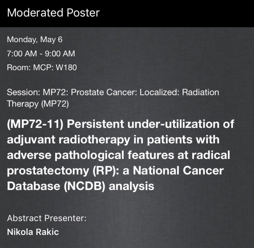 VCORE (@vattikuticore) on Twitter photo In an hour, our medical student Nikola Rakic will be presenting on the persistent under utilization of adjuvant Radiotherapy in patients with adverse pathological features at Radical prostatectomy. <a href="/DrFAbdollah/">Firas Abdollah</a> <a href="/Sood11/">Akshay Sood</a> <a href="/DrSohrab/">Sohrab Arora</a> <a href="/MMenonMD/">Mani Menon</a> <a href="/CraigRogersMD/">Craig Rogers MD</a> <a href="/jamesopeabody/">jamesopeabody</a> #AUA19 In an hour, our medical student Nikola Rakic will be presenting on the persistent under utilization of adjuvant Radiotherapy in patients with adverse pathological features at Radical prostatectomy. <a href="/DrFAbdollah/">Firas Abdollah</a> <a href="/Sood11/">Akshay Sood</a> <a href="/DrSohrab/">Sohrab Arora</a> <a href="/MMenonMD/">Mani Menon</a> <a href="/CraigRogersMD/">Craig Rogers MD</a> <a href="/jamesopeabody/">jamesopeabody</a> #AUA19