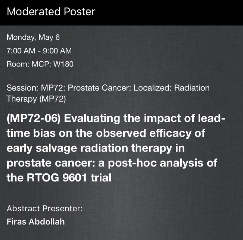 VCORE (@vattikuticore) on Twitter photo In an hour, <a href="/DrFAbdollah/">Firas Abdollah</a> will present on evaluation of the impact of lead time bias in the efficacy of salvage Radiotherapy in prostate cancer: analysis of RTOG 9601 Trial. #AUA19 In an hour, <a href="/DrFAbdollah/">Firas Abdollah</a> will present on evaluation of the impact of lead time bias in the efficacy of salvage Radiotherapy in prostate cancer: analysis of RTOG 9601 Trial. #AUA19