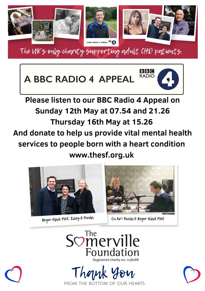 HeartSomerville's tweet photo. Our BBC Radio 4 Appeal, presented by Olympic athlete Roger Black MBE, will air at 07.54 and 21.26 on 12th May, repeated at 15.26 on 16th May.

Roger will share ‘Izzy’s Story’: one young woman’s battle to deal with a heart condition and the impact it had on her mental health https://t.co/4hxgwOCf8w