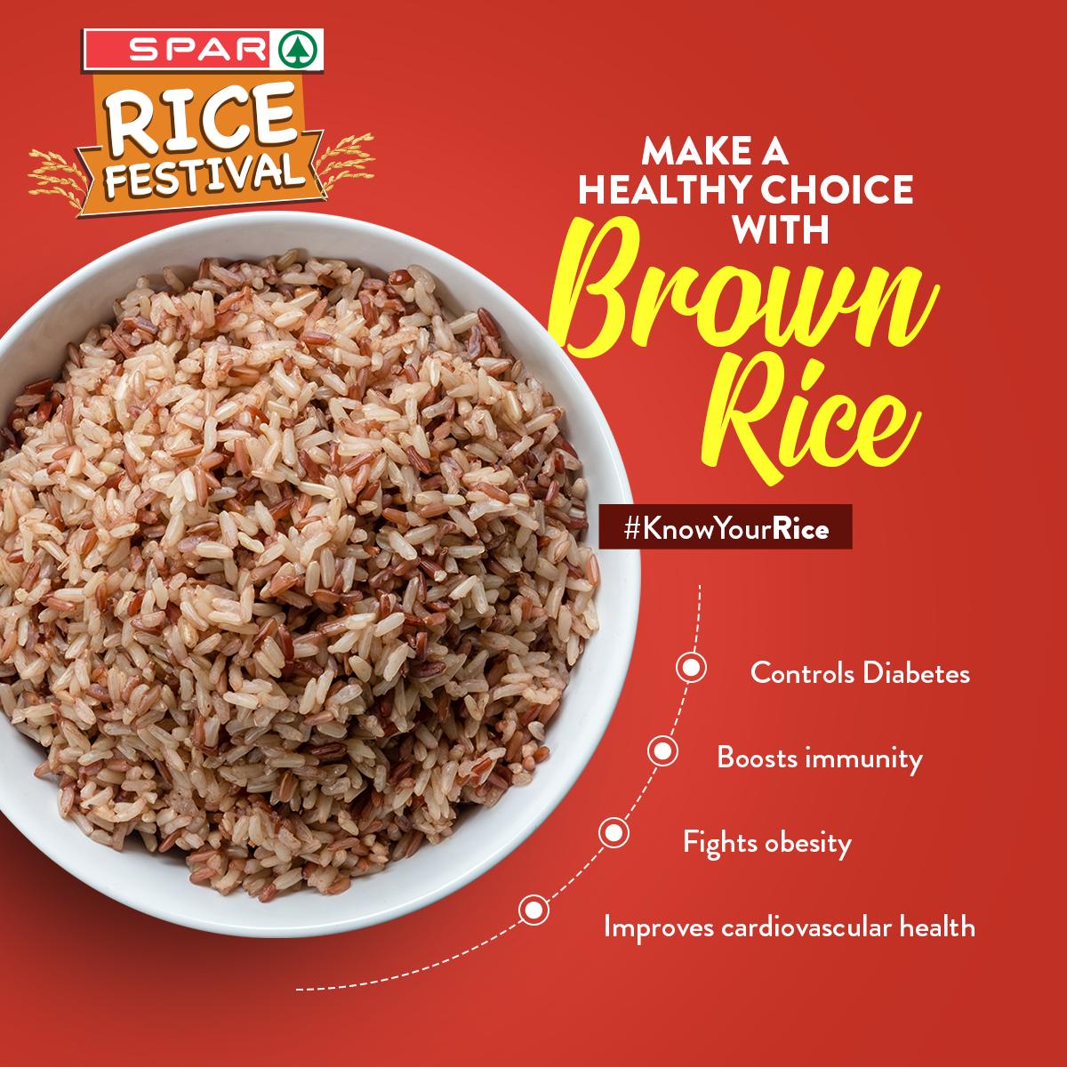 SparIndiaHyper's tweet photo. A healthy diet is essential in this fast-paced world we live in. Brown rice is a good source of folate, riboflavin (B2), potassium and calcium that are necessary for good health. Get premium quality brown rice at your nearest SPAR store. #RiceFestival #BrownRice #KnowYourRice https://t.co/lyHGu4DatO