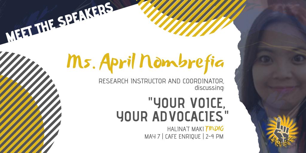 TindigMCL's tweet photo. Bilang isang guro ng pananaliksik, Si Ma'am April ay isang ehemplo ng pagtindig para sa ninanais na ipaglaban. Pakinggan siya bukas sa Cafe Enrique, mula 2-4 PM. #SaPagTINDIG #TindigMCL https://t.co/vEIaq3AbrA