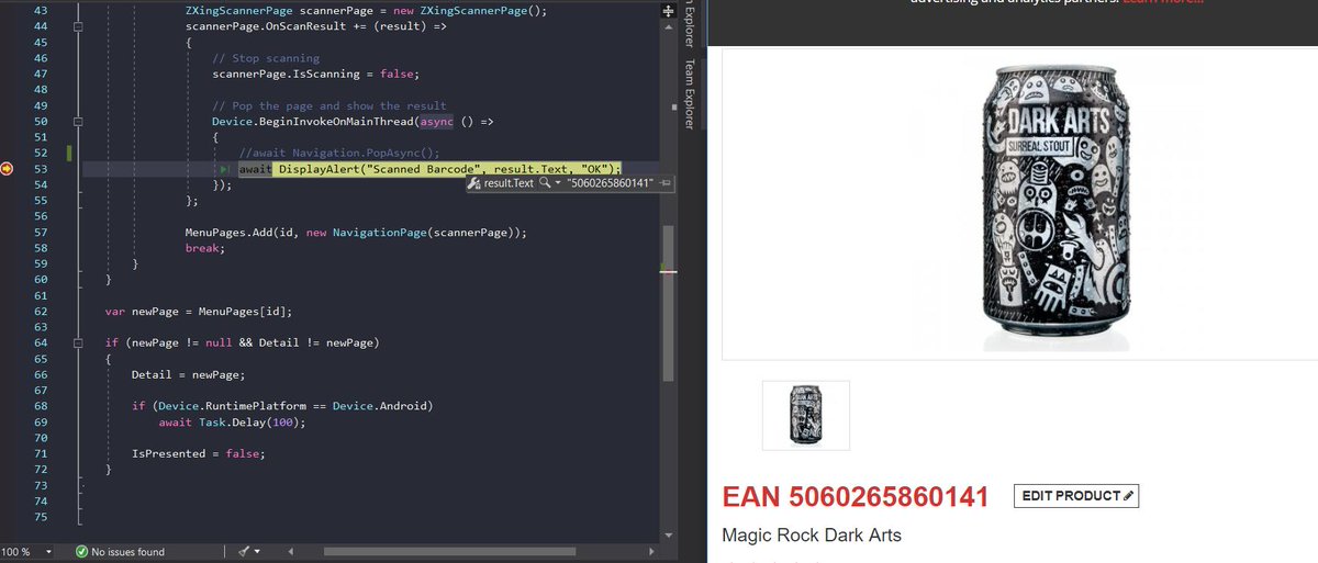 bearandhammer's tweet image. Day 22: taking a break from #javascript to work on a @xamarinhq mobile app using the #ZXing barcode scanner NuGet package - results are looking good (#beer discovered without a hitch) - #100DaysOfCode #coding: