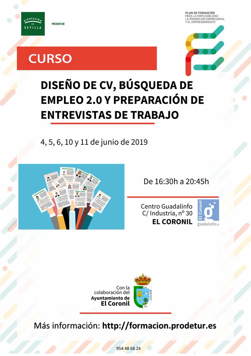 Inscripción abierta para la acción formativa "Diseño de CV, búsqueda de empleo 2.0, y preparación de entrevistas de trabajo" impartido por <a href="/prodetur/">Prodetur DipuSevilla</a> <a href="/DIPUSEVI/">Diputación de Sevilla</a>  ow.ly/fPVi30oEdJQ en #ElCoronil