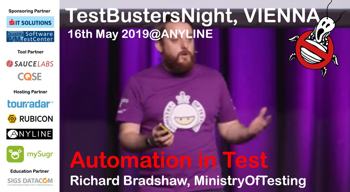 RudolfGroetz's tweet photo. Who you gonna call? #testBusters join @FriendlyTester BossBoss of @ministryoftest when talks about #TestingInAutomation - #atamVIE hosted by @ANYLINE_COM sponsored by @IVM_at SIT-Solutions @cqse @saucelabs @SIGSDATACOM -Register here: https://t.co/U4Ht7NilK3 https://t.co/DIN6PNA8Km