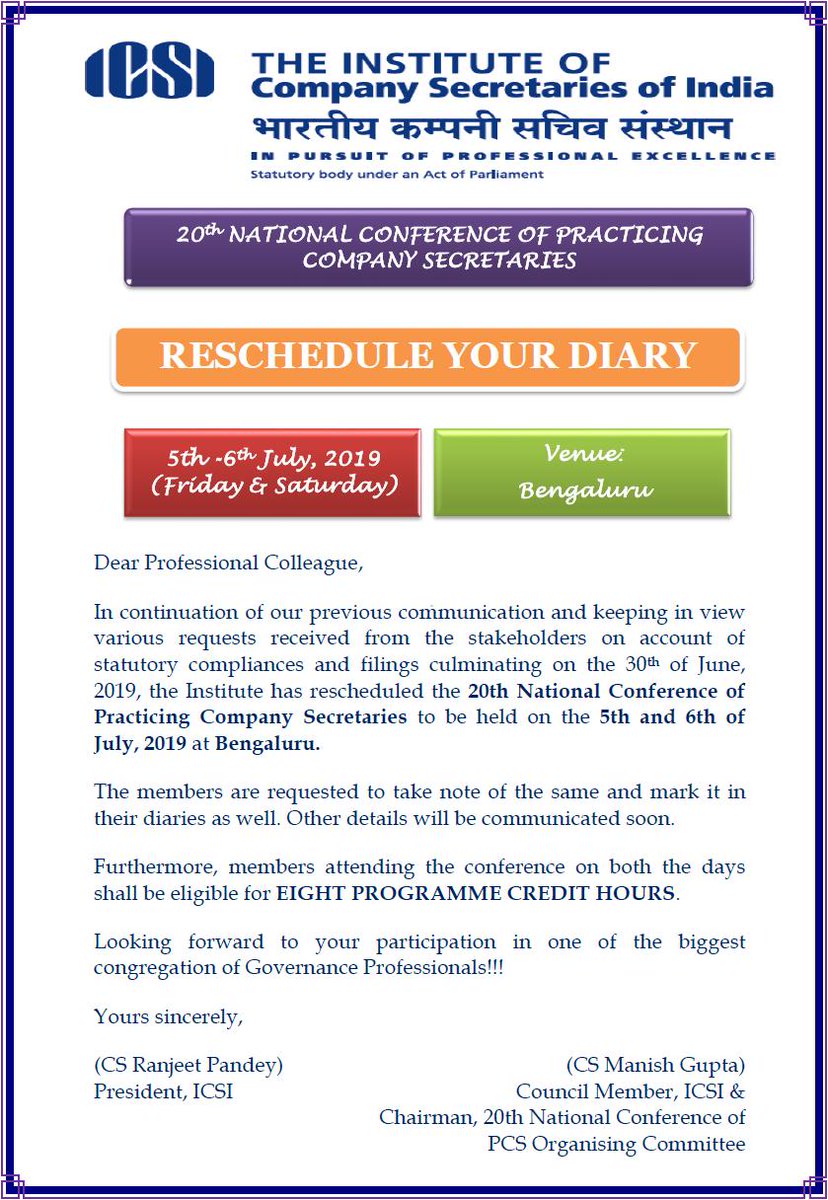 icsi_cs's tweet photo. #BlockYourDiary 5-6 July, 2019 - 20th National Conference of Practicing Company Secretaries #ICSIPCS @ Bengaluru @RanjeetPandeyCS @ashishgargcs @dixit1965 https://t.co/MTxPctx2lJ