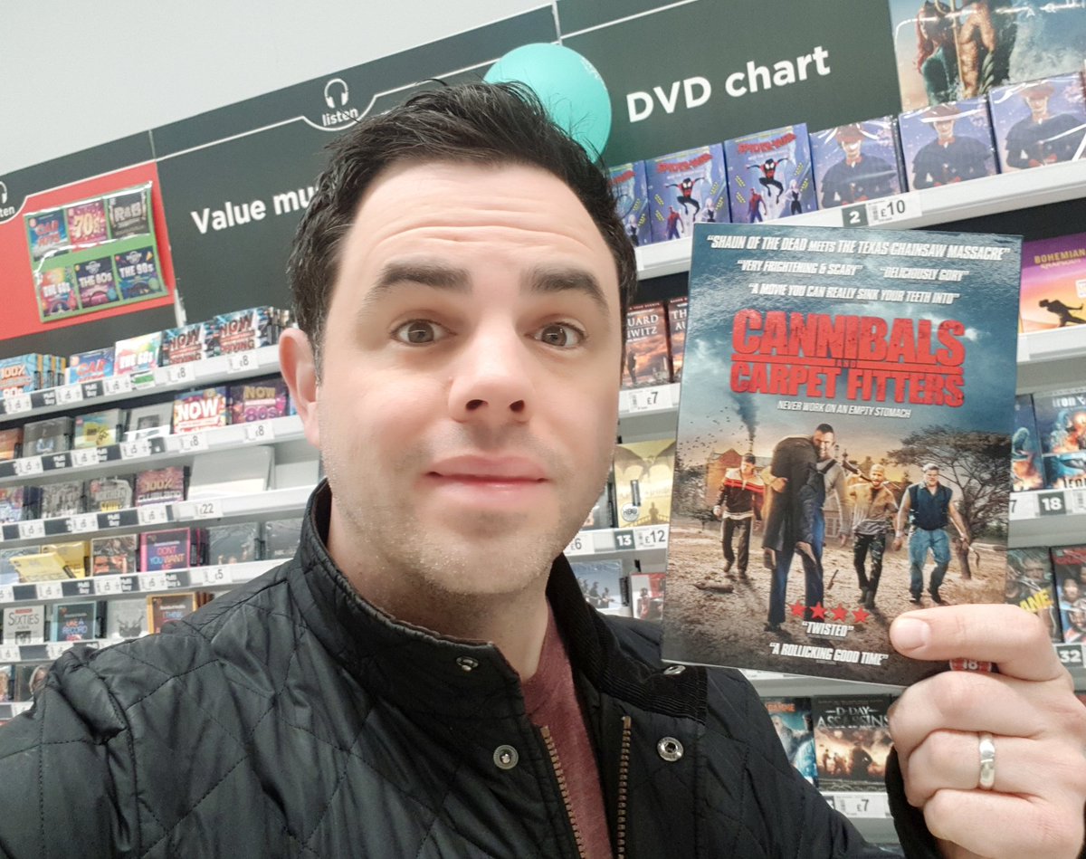 tallynator101's tweet photo. So its the big day! #CannibalsandCarpetFitters finally released in the UK!!! Boom 💪. Very proud moment for me seeing my #debut #feature on the shelves 😁. Big thanks to our awesome cast and crew who gave 100%!!! #director #producer #Indiefilm #HMV #asda https://t.co/mRHA30yo9j