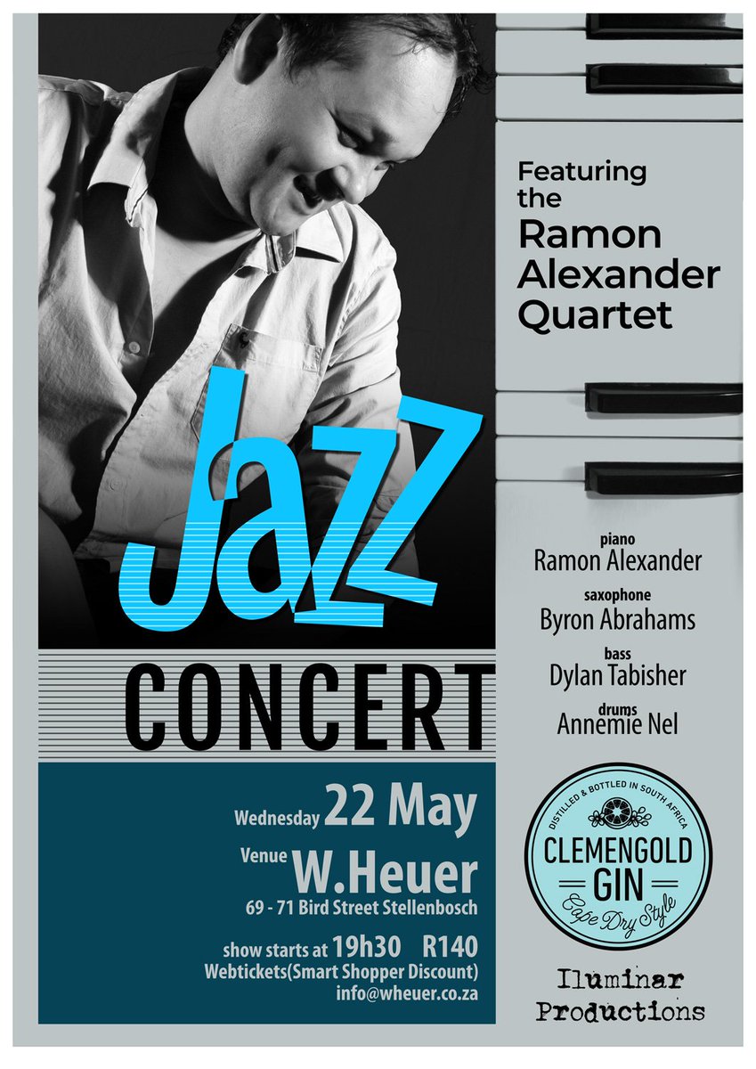 22 May. A special jazz concert at #WHeuer (Heuer Piano Store) in Stellenbosch, feat <a href="/ramonalexander1/">Ramon Alexander</a> (piano), #AnnemieNel (drums), #ByronAbrahams (sax) &amp; #DylanTabisher on bass. Tix at <a href="/webticketsSA/">webtickets.co.za</a> / #PicknPay. Limited seats so hurry up! <a href="/ClemenGold/">ClemenGold</a> <a href="/clemengold_gin/">clemengold_gin</a> <a href="/lunapaige/">Luna Paige</a>