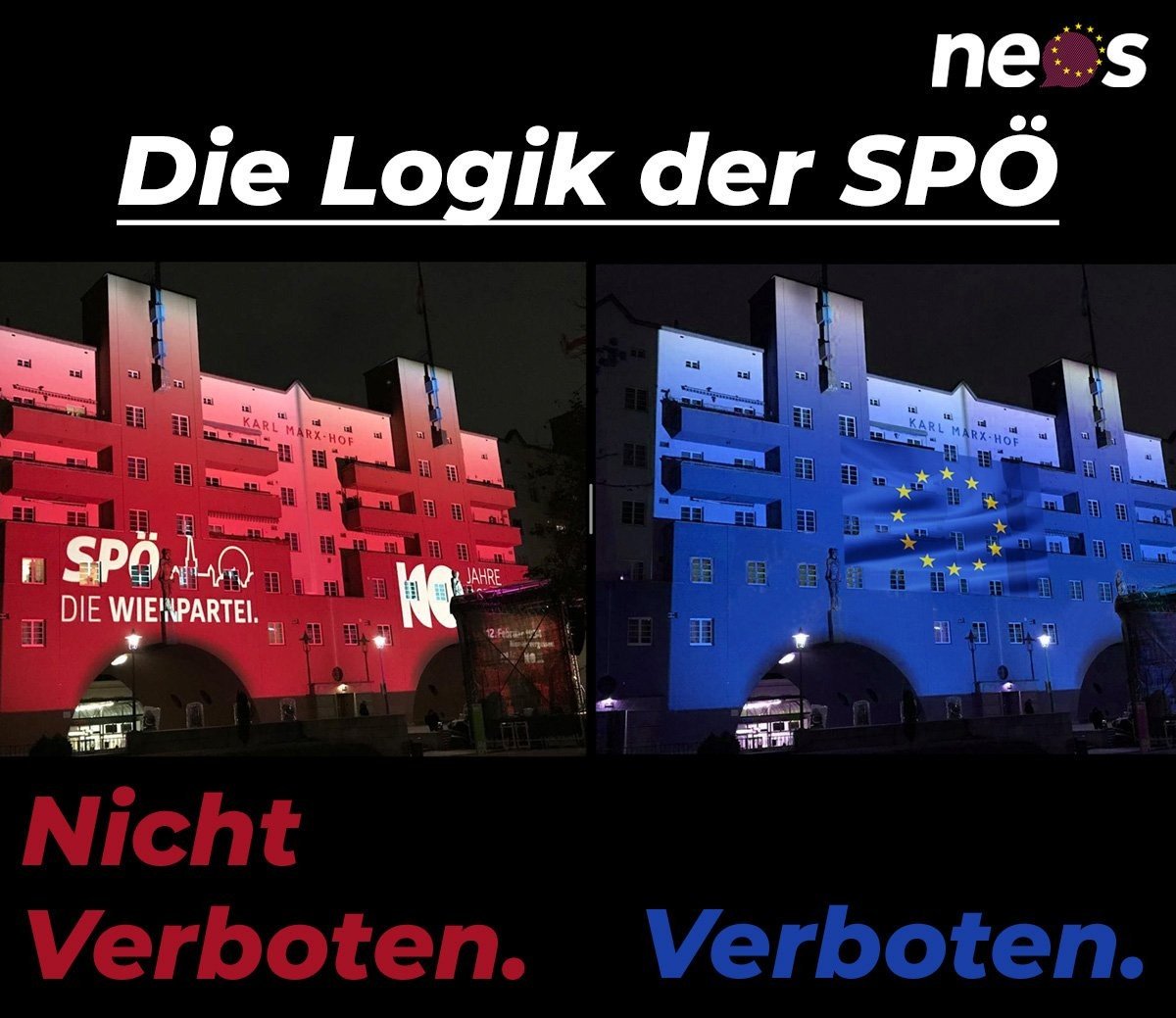 Nachdem wir gesehen hatten, dass am Karl-Marx-Hof das <a href="/SP_Wien/">SPÖ Wien – Die Wienpartei</a>-Logo projiziert wurde, haben wir Wiener Wohnen gefragt, ob wir anlässlich des Europatages die EU-Flagge projizieren dürften. Ohne unser Logo, nur 🇪🇺.
Antwort: Ist parteipolitische Werbung, geht nicht 😂😂😂