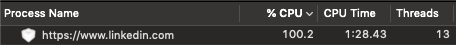 Harr0uet's tweet image. seriously @LinkedIn ?
100% CPU usage for an _idle_ profile page that finished loading just 1m30s before. What is this page doing ?
[On latest official Safari build, on latest stock Mojave build]
#JSmess #performance #badProgramming