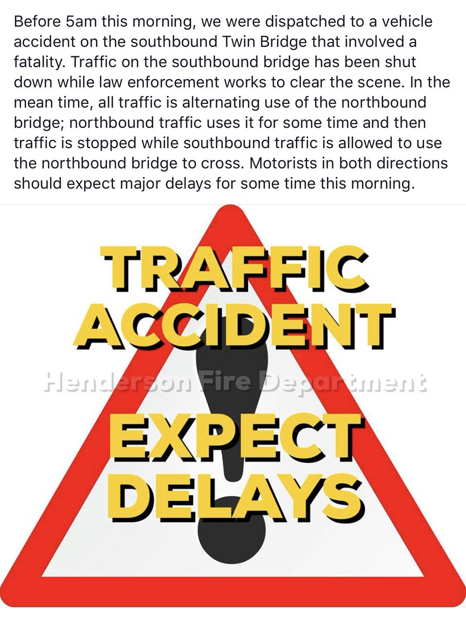 Henderson_FD's tweet photo. There was a fatality accident on the southbound twin bridge this morning. Expect major delays crossing the river in both direction for some time.
From our fb page: https://t.co/leuYfaRZrj