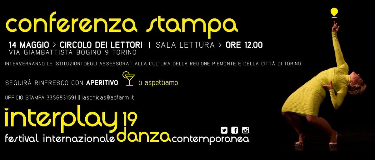 NCasorati's tweet photo. °°°#interplay19 Press Conference...- 15
Il #festival è alle porte e noi vi aspettiamo il 14 maggio h 12 al @CircoloLettori per scoprire insieme i 100 protagonisti e le 23 compagnie che si alterneranno nei teatri, musei e spazi urbani di #Torino dal 21>30 maggio #contemporarydance https://t.co/PRtXppbinj