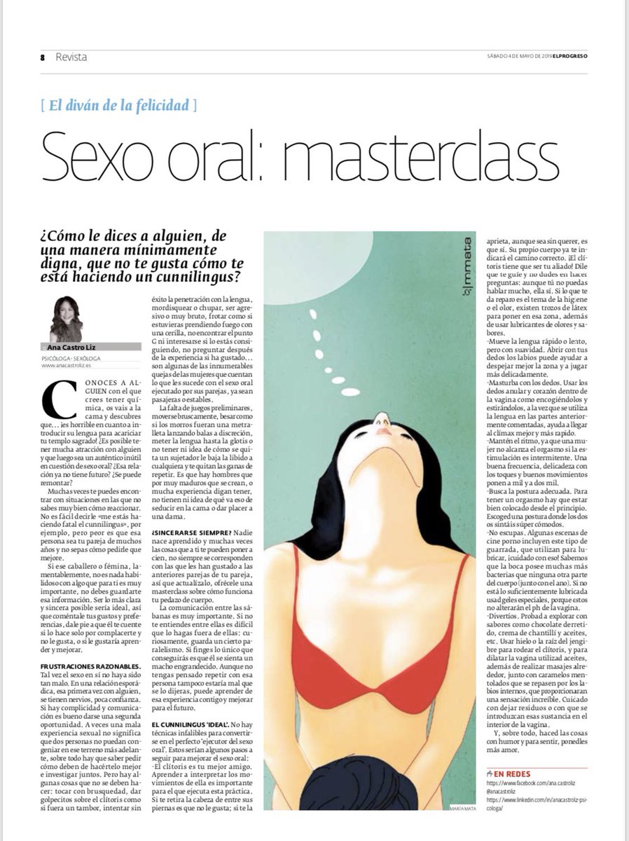 Artículo @elprogresodelugo @diariodepontevedra sábado 4 mayo 2019. #sexooral #parejas #masterclass #terapiapareja #cunnilungus #massentidodelhumorporfavor🤪 

Ilustración 👉🏼 @sesemata