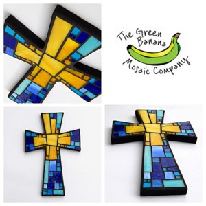 Mosaic Wall Cross Large 'Sun' Black with Yellow & Blue Glass Handmade Stained Glass Mosaic Cross Wall Decor 15' x 10' by Dana Hess, Mosaic Artist @ The Green Banana Mosaic Company GreenBananaMosaicCo.com etsy.com/listing/685935…