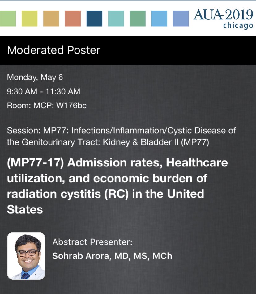 VCORE (@vattikuticore) on Twitter photo Radiation cystitis: A question with no answers? (and no funding for research)
In two hours, <a href="/DrSohrab/">Sohrab Arora</a> will be presenting on admission rates, healthcare utilization, and economic burden of radiation cystitis in the United States. #AUA19 <a href="/DrFAbdollah/">Firas Abdollah</a> <a href="/CraigRogersMD/">Craig Rogers MD</a> <a href="/MMenonMD/">Mani Menon</a> Radiation cystitis: A question with no answers? (and no funding for research)
In two hours, <a href="/DrSohrab/">Sohrab Arora</a> will be presenting on admission rates, healthcare utilization, and economic burden of radiation cystitis in the United States. #AUA19 <a href="/DrFAbdollah/">Firas Abdollah</a> <a href="/CraigRogersMD/">Craig Rogers MD</a> <a href="/MMenonMD/">Mani Menon</a>