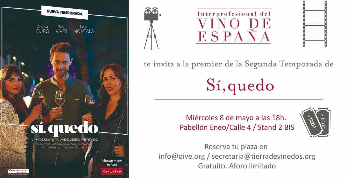 InterVinoEs's tweet photo. El próximo 9 de mayo estrenamos el primer capítulo de la segunda temporada de "Sí,quedo". 🎥🍷 El día antes, el 8 de mayo, tienes la oportunidad de asistir a la Premier de esta exitosa webserie en #Fenavin2019 #Siquedo #maridamejortuvidaconvino #oive https://t.co/ohjUFMgniJ