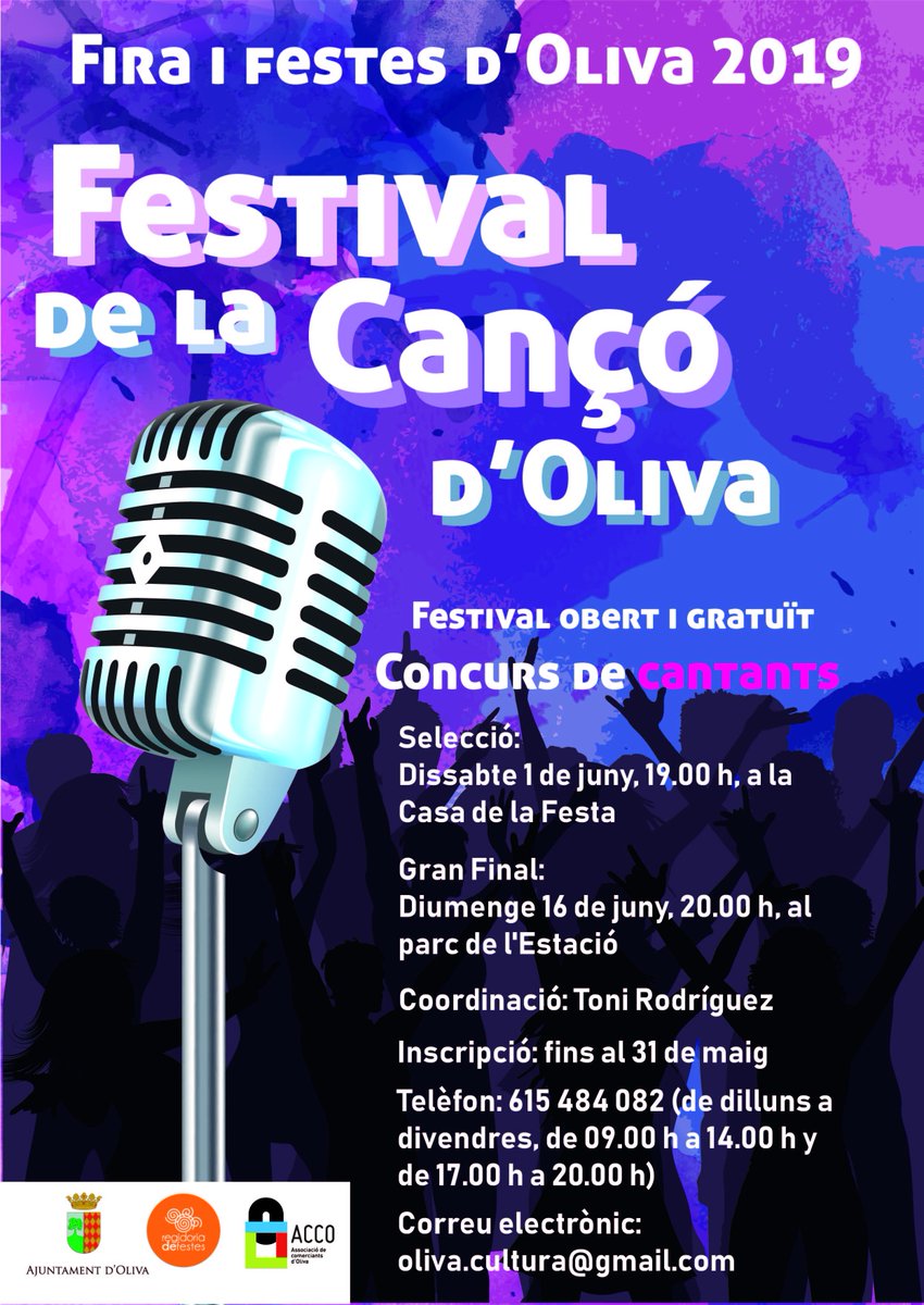GentdOliva's tweet photo. La concejalía de #Fiestas del @AjuntamentOliva presenta el #FestivaldelaCançó de la #FiraiFestes2019. El período de inscripción finaliza el 31 de mayo. La gran final tendrá lugar el domingo de la feria, el 16 de junio. https://t.co/i6sdPRoTmu https://t.co/mg0QHkaRDK