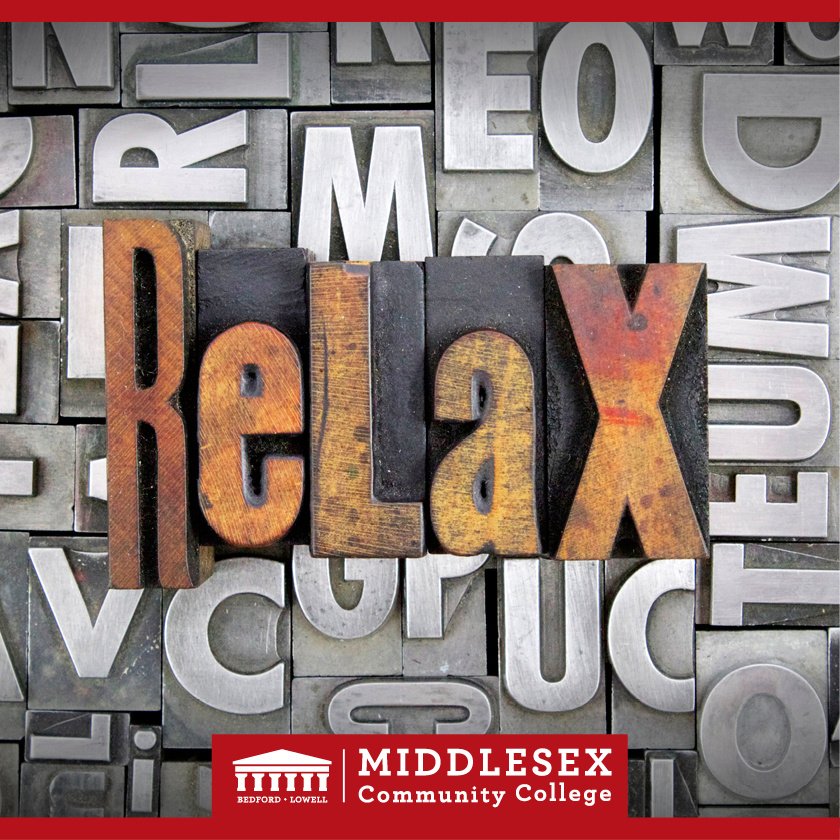middlesex_cc's tweet photo. It’s #StressBusterWeek! Stop by the #Bedford Campus Center or the #Lowell Campus Cafe today and tomorrow (5/6 and 5/7) for free, stress-relieving programs during finals week sponsored by the Middlesex Activities Council. https://t.co/Qr9vXjkXB2