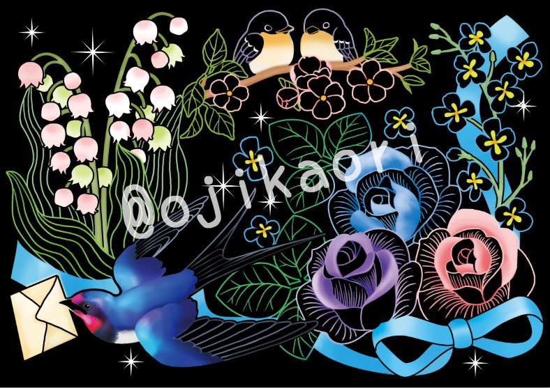 全削りカラー見本その5 ツバメとスズランなど春の花鳥を描いた