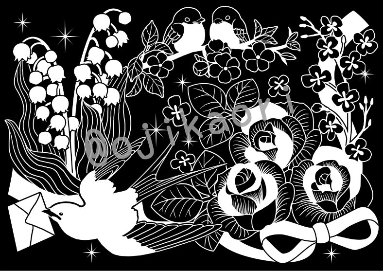 全削りカラー見本その5 ツバメとスズランなど春の花鳥を描いた