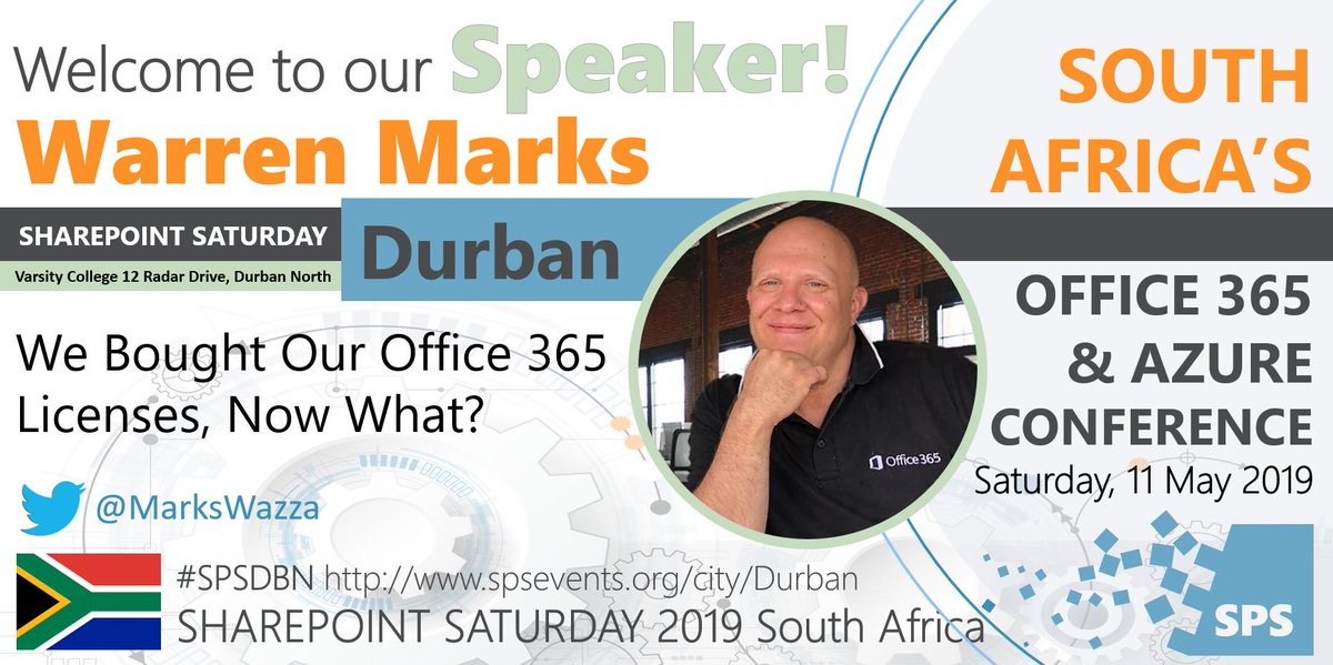 tracyvds's tweet image. Welcoming Warren Marks @MarksWazza from @AvePoint_Inc as speaker at #SPSDBN #SharePoint Saturday Durban on 11 May. Session: We Bought Our Office 365 Licenses, Now What? TAKE NOTE OF CHANGE OF VENUE: Varsity College 12 Radar Drive, Durban North. See you there!!