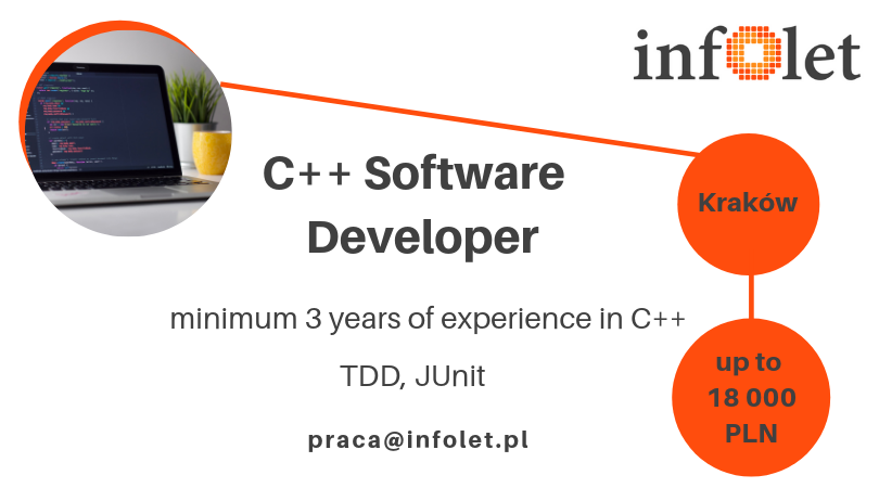 InfoletPL's tweet photo. Do projektu w Krakowie, poszukujemy #C++ #softwaredeveloper.ów z minimum 3 letnim doświadczeniem. #Wynagrodzenie do 18000 PLN/mc. Więcej: https://t.co/rhNVQ4tpmT #programista #infolettech #pracaIT #omgkrk https://t.co/7Ymoa5rW2A