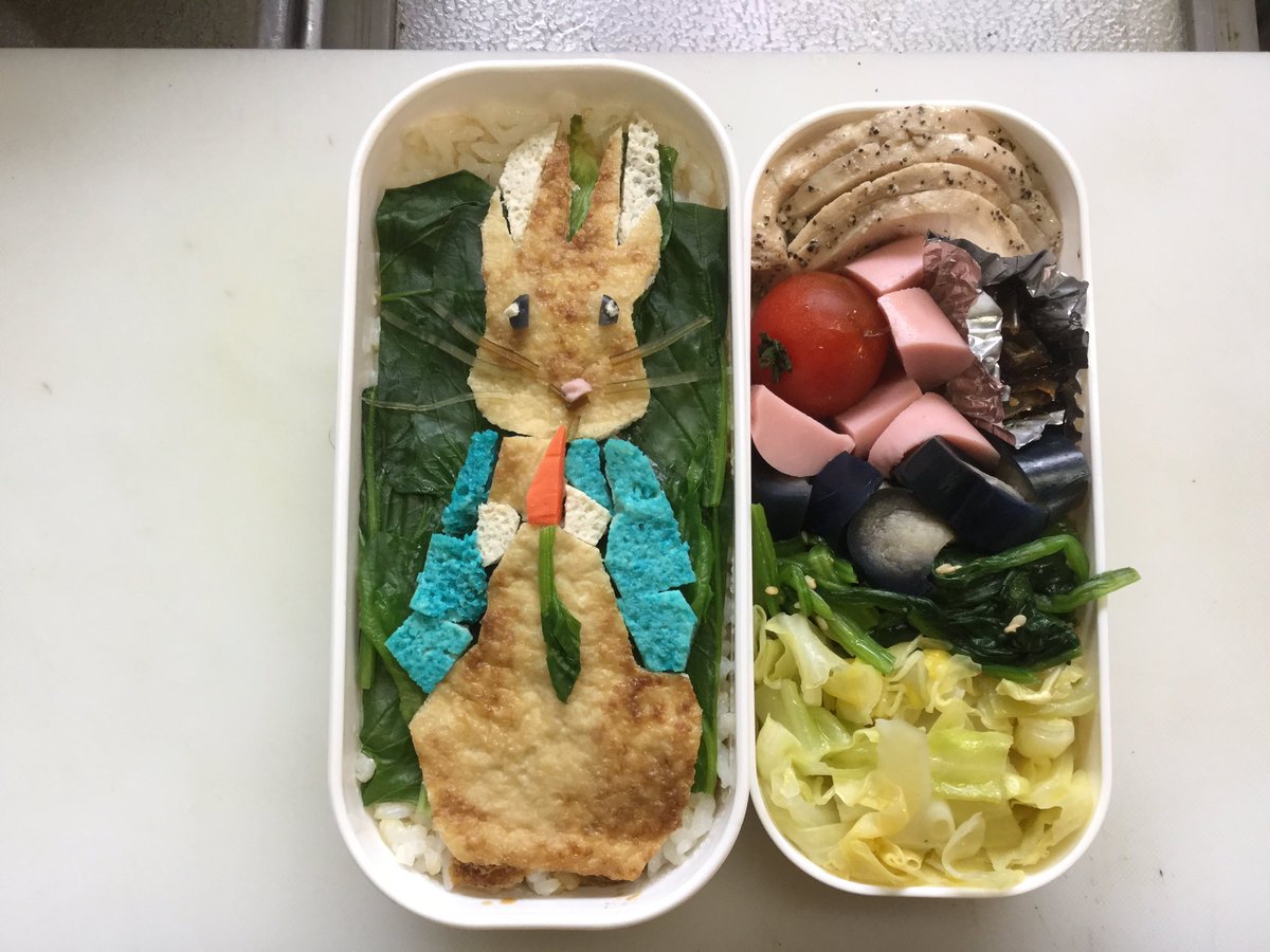 ট ইট র ナカヤマ マルモ 令和元年５月1日のキャラ弁 キャラ弁 ピーターラビット 弁当 アゲ 青いジャケット おじさんの自作