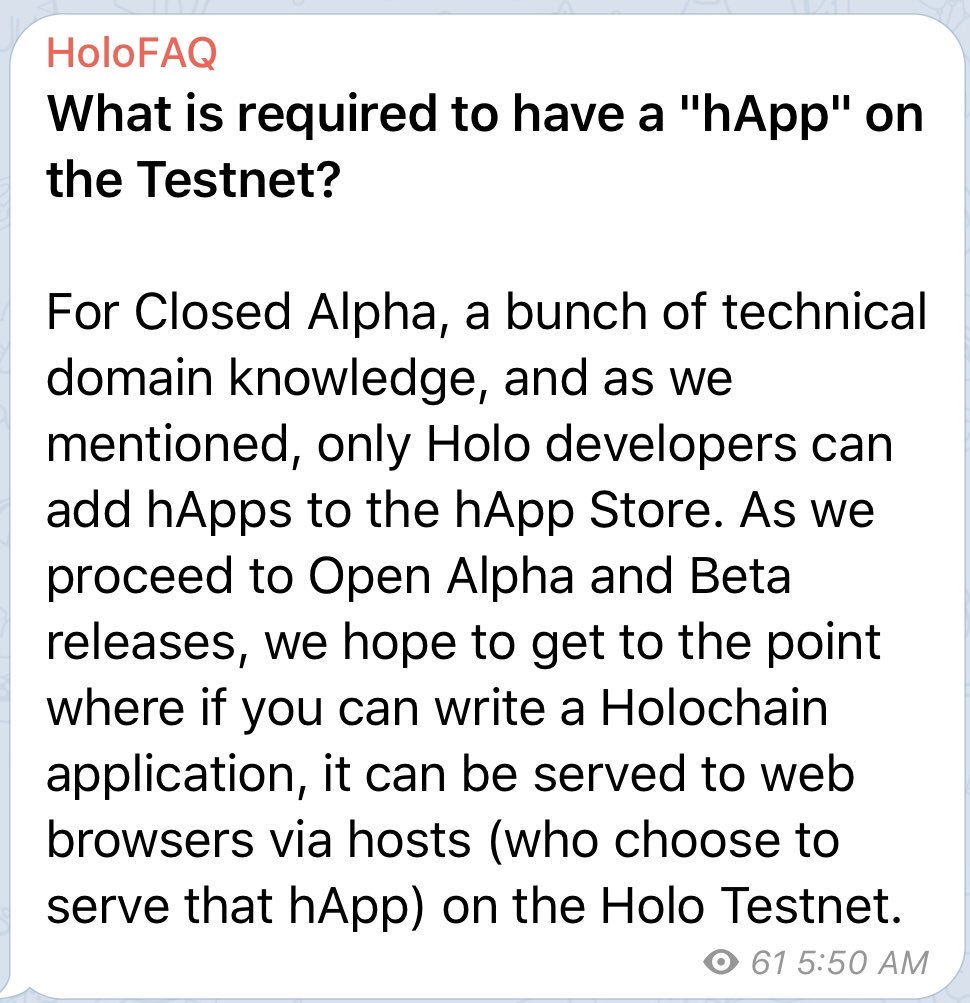 Cris_DVM's tweet photo. ‘What is required to have a "hApp" on the Testnet?’
#HoloFAQ #holo #holochain $hot https://t.co/e0omgks7Ao