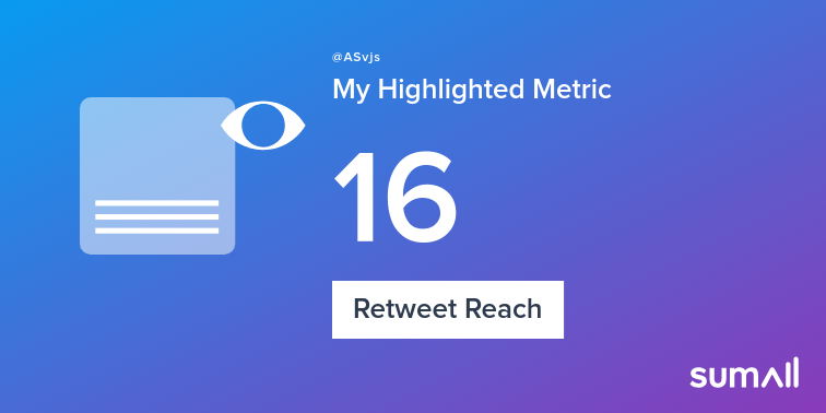 ASvjs's tweet image. My week on Twitter 🎉: 1 Retweet, 16 Retweet Reach. See yours with sumall.com/performancetwe…
