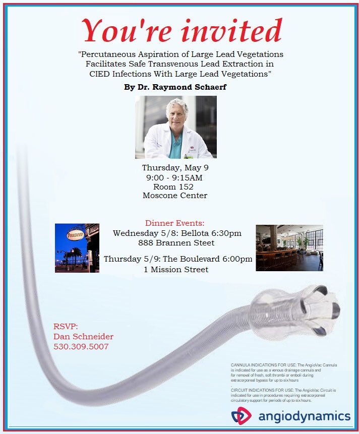 VacSfla's tweet photo. Join angiodynamics and Dr. Schaerf at the Heart Rhythm Society 2019 May 8 -11th! #angiovac #pacemakerlead #leadextractions #CIEDinfection https://t.co/MouiquNJQH