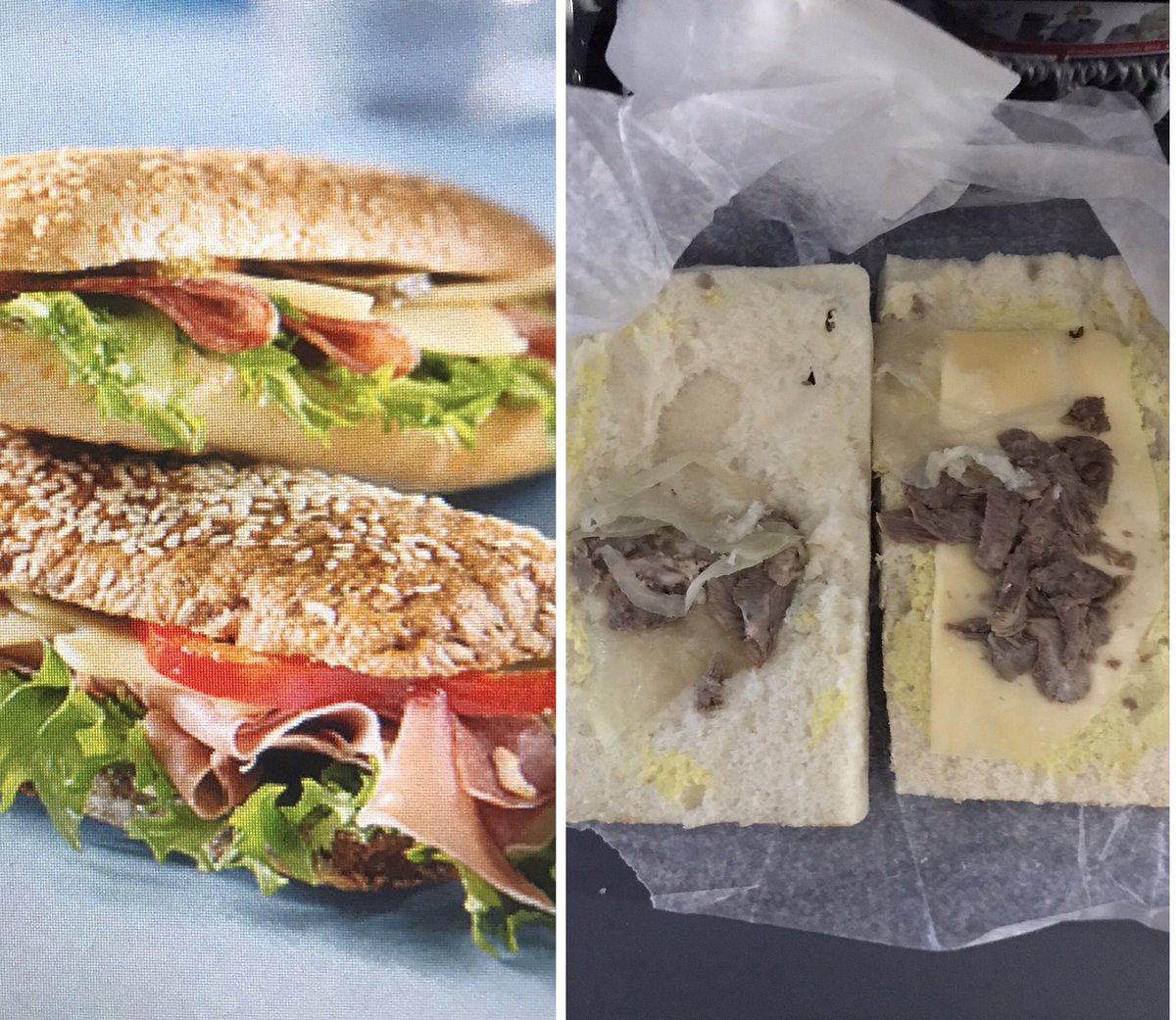 The ‘Meat’ Sandwich on my <a href="/Fly_Norwegian/">Norwegian</a> flight that I ordered on the left. The sandwich I received on the right. I mean....