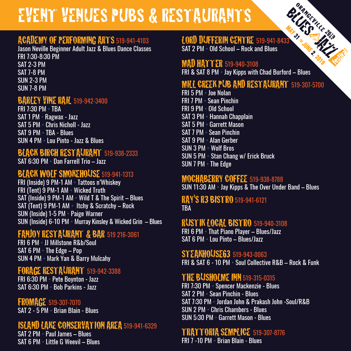OvilleBluesJazz's tweet photo. Throughout the entire weekend there will be live music featured in various clubs, restaurants and event venues around town as part of the Festival experience. Visit our website for full details.
#Orangeville #OBJF #OBJF2019 #Jazz #Blues #LiveEntertainment #LiveMusic https://t.co/EmaKiiWyAw
