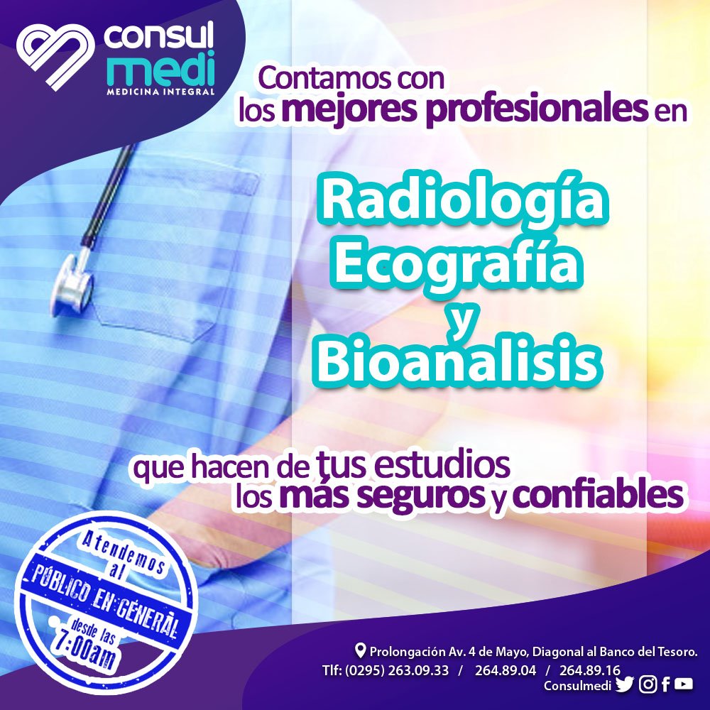ConsulMedi's tweet photo. En #Consulmedi siempre recibirás las mejor atención de la mano de nuestros especialistas en #Ecografias
#RayosX y #Laboratorio
#ConsultasMédicas
#AtencionPrimaria
#AlcuidadodetuSalud
#IslaDeMargarita https://t.co/2xUc8bZ9hI