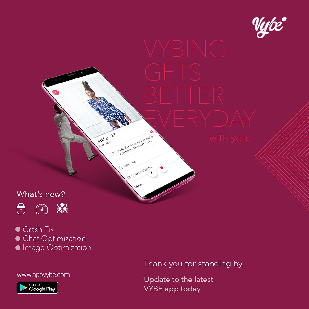 vybe_africa's tweet photo. Hello Vybers!
Thank you so much for support, testing and feedback. We felt the love. 

We are so sorry about the service downtime. 

We are excited to announce that there is a new update for y’all to have a better experience. Start Vybing at a better speed now! https://t.co/rYzZZZYPJj