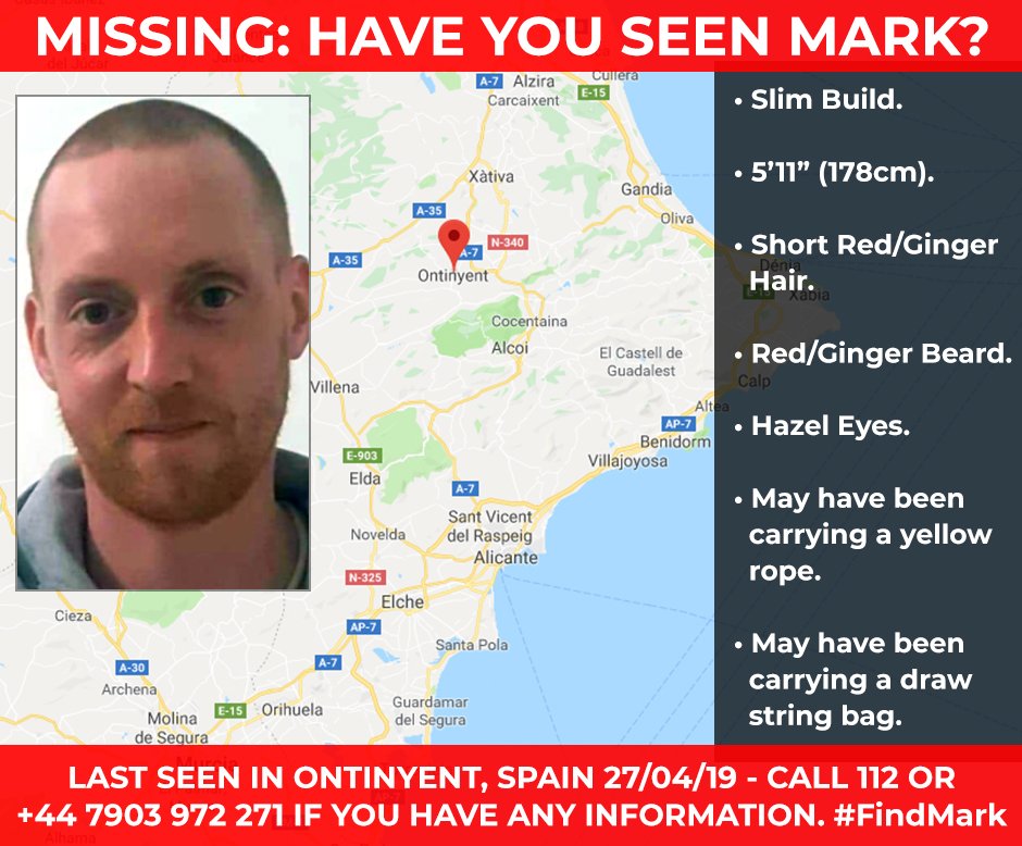 ⚠️⚠️ #MISSING IN SPAIN, VALENCIA, ONTINYENT ⚠️⚠️

Last seen on 27th April in #Ontinyent, #Spain and was described as feeling distressed with suicidal thoughts. We have no leads or sightings, so please share &amp; #RT. We need to find him and bring him home. #FindMark #MissingPerson