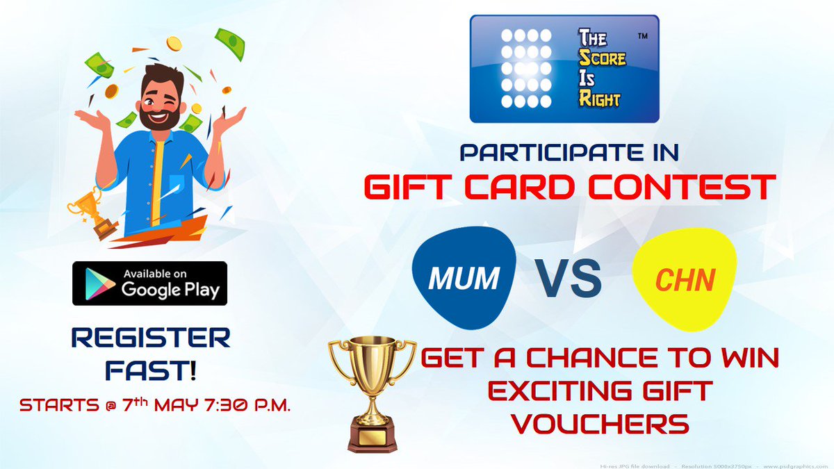 scoreisright's tweet photo. Its #Mumbai Vs #Chennai #tonight. Gear up to see if the defending champions retain their #winning streak or lose it all. #Participate in giftcard #Contest & get a chance to #win exciting gift vouchers this #t20 #season #DownloadAndroidApp https://t.co/vwZ87JZxm2. #Register now https://t.co/EstU5W8hhU